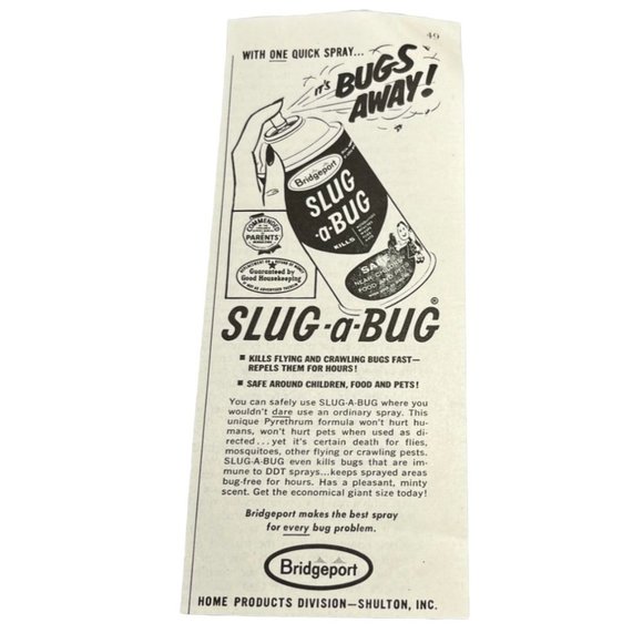Small Vintage Print Ad Slug a Bug Spray Bridgeport 1960s Kills Bugs Away - Picture 1 of 5